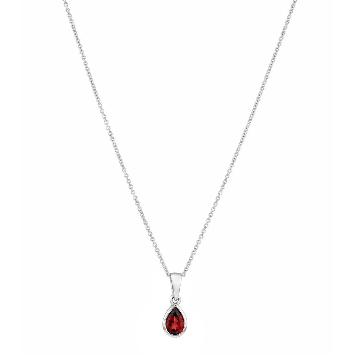 Store Classic Pear cut Red Garnet silver pendant & necklace in Gorgeous White Silver